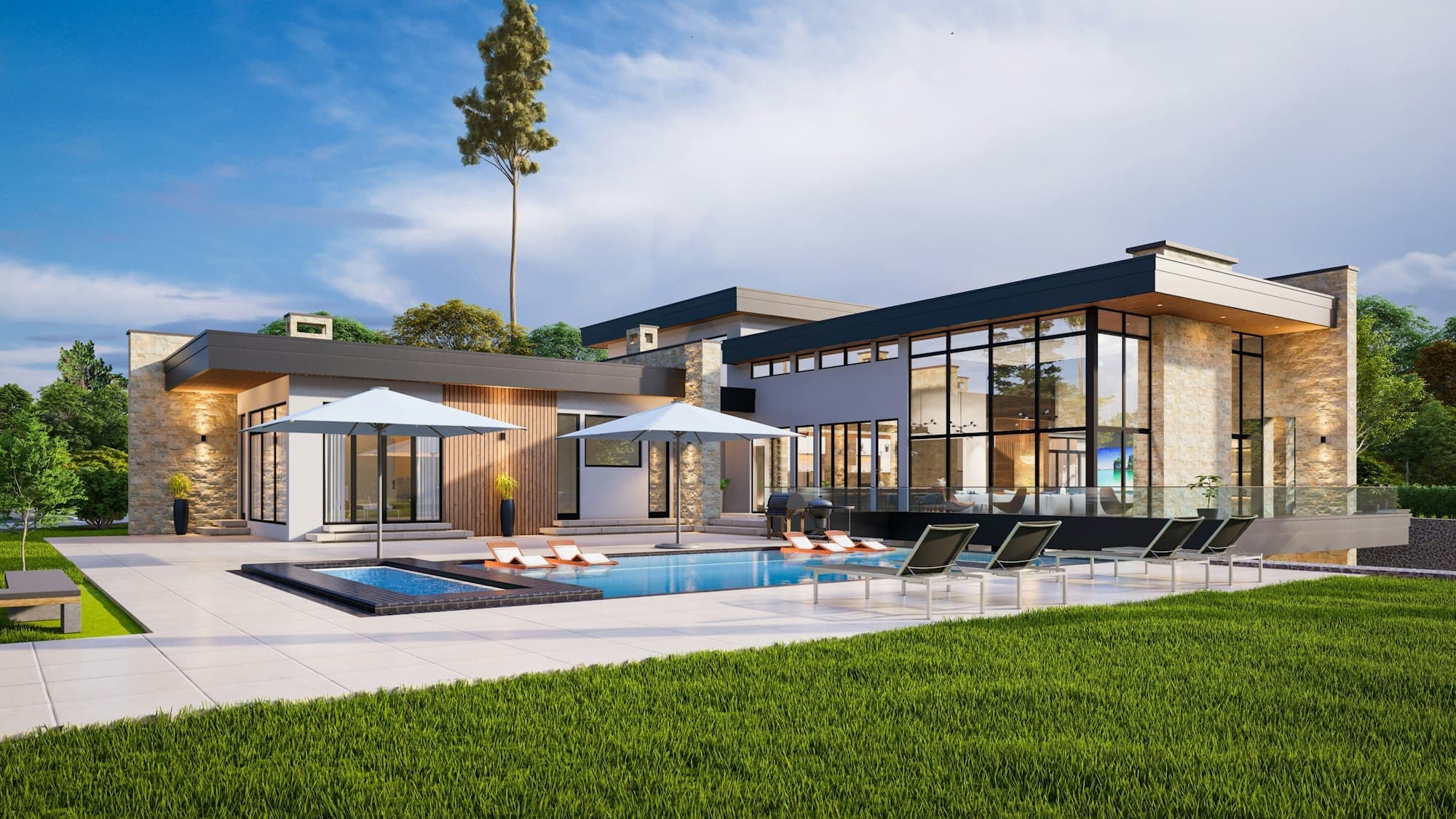 A modern villa with a pool and a manicured lawn