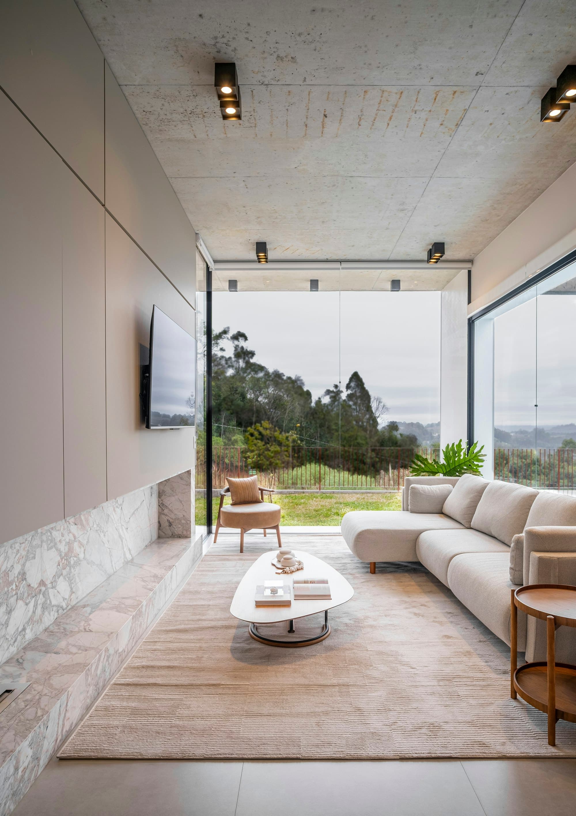 A luxurious living room opening to a green view