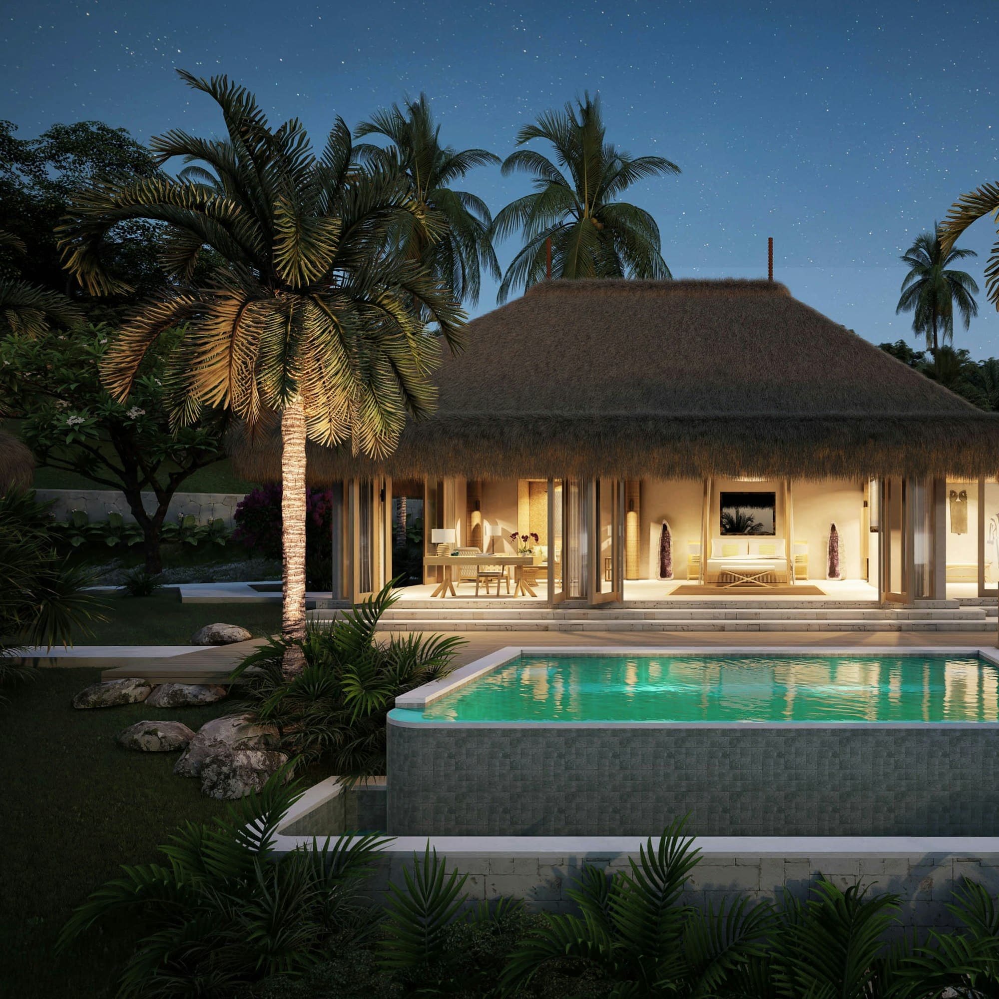 A villa and pool at twilight